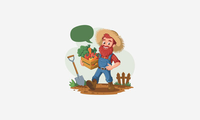 Naklejka premium Happy farmer holding vegetable basket, standing with shovel in garden.