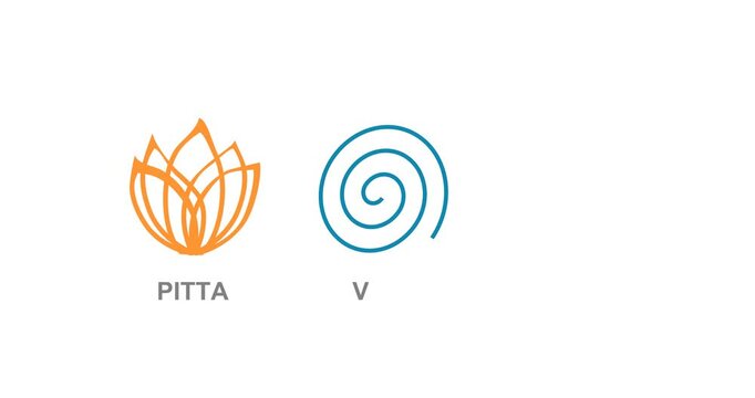 An Ayurvedic infographic animation showing the three doshas - Vata with air and ether symbols, Pitta with fire and water, and Kapha with water and earth. Harmony with nature. Alternative medicine