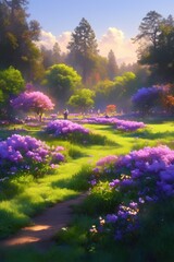 A serene landscape filled with vibrant purple flowers and lush greenery under a soft sky.