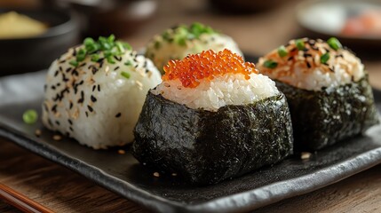 Handcrafted onigiri with different fillings, wrapped in nori, Japanese food, quick snack