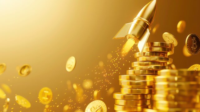 A golden rocket taking off from a stack of gold coins, symbolizing financial growth and success.