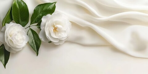 Elegant white flowers on soft fabric background, perfect for invitations or decor.