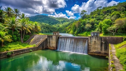 Fototapeta premium Reflection of dam at abandoned Bano Grande swim area in El Yunque National Forest Puerto Rico