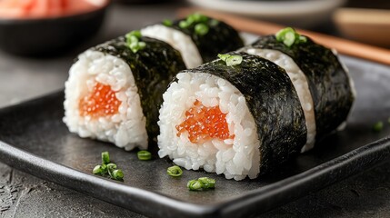 Onigiri rice balls wrapped in nori, with various fillings, Japanese food, convenient snack