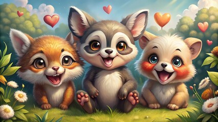 Fototapeta premium Sweet and spirited creatures burst with happiness, their chubby cheeks aglow as they frolic, snuggle, and playfully