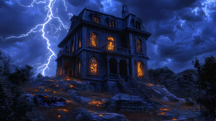 A haunted house on a hilltop, illuminated by lightning in the background. The windows are shattered, and shadows move inside, giving the impression of lurking spirits