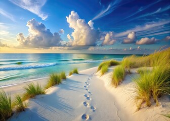 Serene morning beach scene featuring a trail of gentle, isolated footprints leading into the calm turquoise ocean, surrounded by soft, powdery white sand dunes.
