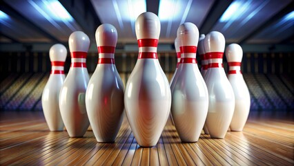 Tall and straight, a group of bowling pins rise from the indoor floor, their bright colors glowing in