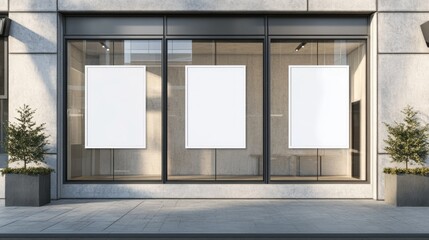 Illustration of the exterior of an office or shop building with a white mock-up poster hanging in the window. Ai generated image