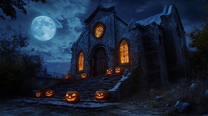 Haunting Halloween Scene at Abandoned Church with Glowing Pumpkins and Broken Windows under Full Moon