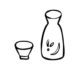 筆書き　日本酒　白黒線画イラスト