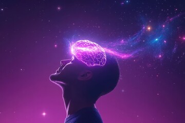 Cerebral coherence quantum neurofeedback and synaptic fluctuation silhouette of a person with a glowing brain and cosmic particles representing creativity and mental expansion