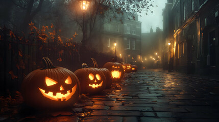 A deserted, fog-covered street with flickering street lamps. Carved pumpkins line the sidewalk, their faces lit with an eerie glow while dark shadows stretch from the alleyways