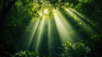 Obraz premium Sunlight filtering through the dense canopy of a forest, creating a serene and mystical atmosphere, lush green foliage