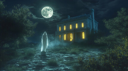 A ghostly figure floating near an ancient mansion, its translucent form illuminated by the moon as it hovers above the ground, with eerie light flickering from the windows