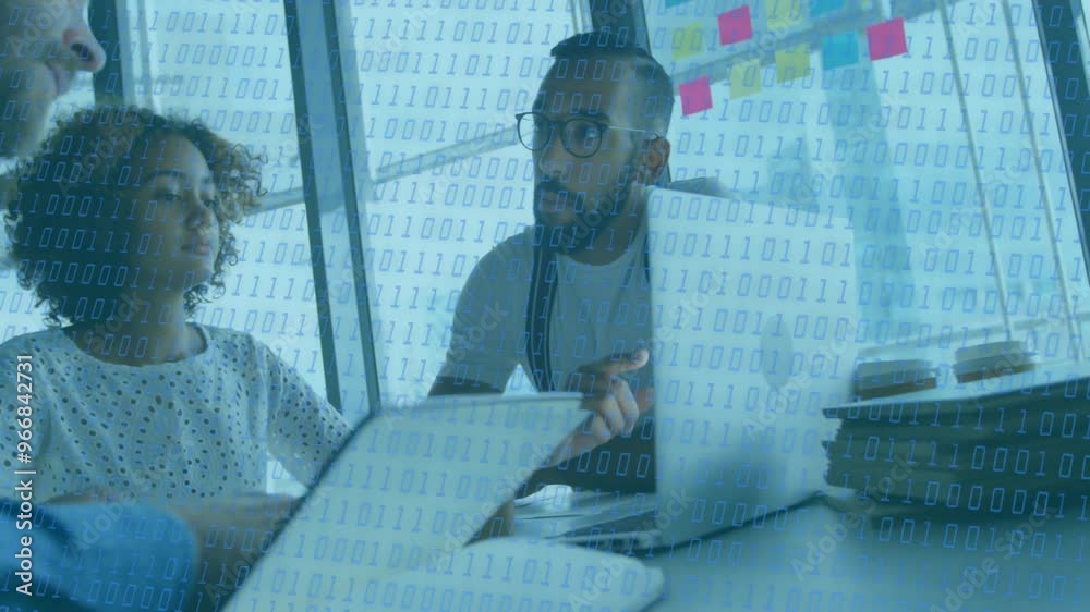 Poster animation of binary coding and data processing over diverse business people in office