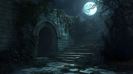 An ancient crypt with overgrown ivy and broken stone steps leading to its entrance, the moonlight casting long, eerie shadows over the ground