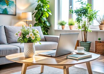 Fototapeta premium Sleek modern laptop on a stylish coffee table surrounded by interior design magazines and stylish decor, with a vase and greenery, in a bright living room.