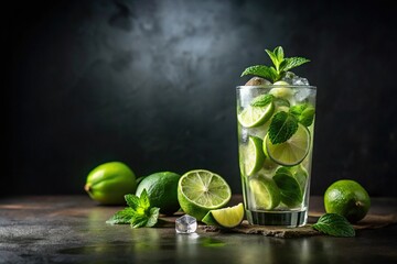 Refreshing mojito drink with limes and mints on black table, dark background