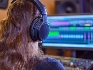 Woman Podcaster Speaking Into Microphone During Recording Session