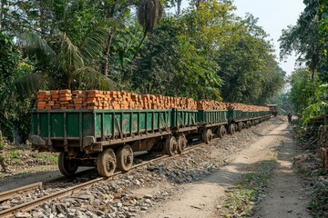 Freight Train Loaded with Bricks Traveling Through Rural Area