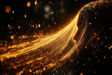 Fototapeta premium Synaptic feedback cortical harmonics and bioelectric modulation portrait of a woman with golden flowing energy symbolizing creative expression and thought liberation