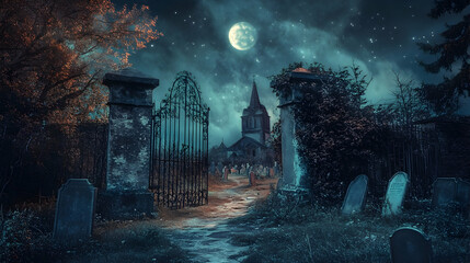 A haunted churchyard with a rusted iron gate creaking open, tombstones leaning at odd angles, and ghostly figures moving between the graves in the moonlight