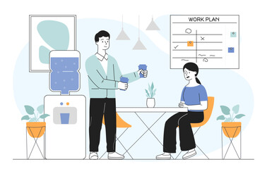 Break at work. Man and woman in office sitting with hot drinks. Conversation at workplace. Water in cooler. Colleagues and partners. Linear vector illustration