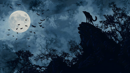 Fototapeta premium A spooky silhouette of a werewolf howling at the full moon atop a rocky hill, the outline of sharp, jagged trees in the background, while bats flutter across the sky