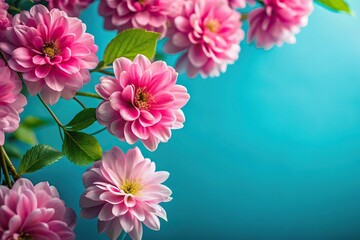 Fototapeta premium Repeating seamless pink flowers and leaves ornament on blue background, worm's eye view