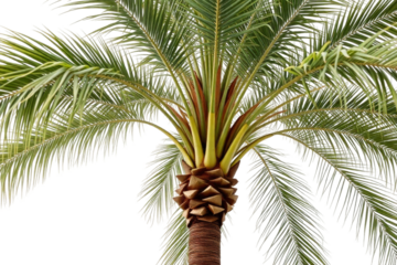Lush green palm tree with vibrant fronds and textured trunk captured against a clear transparent background