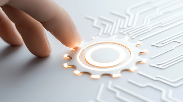 A close-up of a finger interacting with a glowing gear symbol on a circuit board, symbolizing technology and innovation.