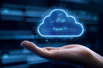 A futuristic cloud symbol floating above a hand, representing technology, data storage, and digital connectivity.