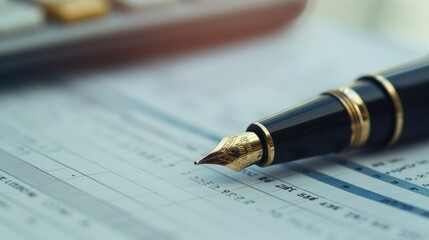 tip of an expensive pen lies on white sheets with graph, spreadsheet data with pen