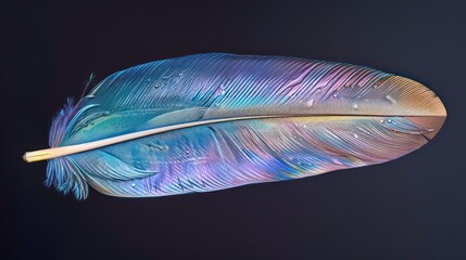 A single iridescent feather with water droplets on a black background.