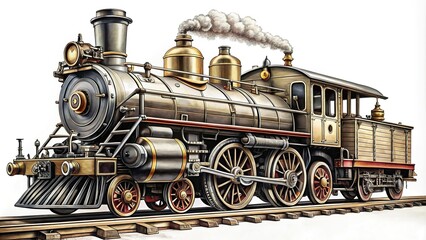 Retro steam train engraving on white background Long Shot