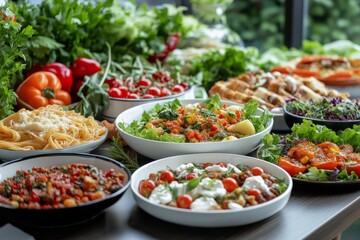 A vibrant table spread with assorted salads, pasta, and snacks for a delightful food display