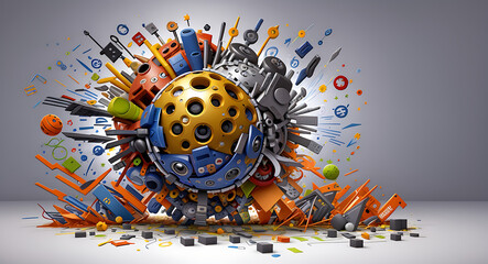 An abstract depiction of multitasking, with multiple hands or tools representing different tasks, surrounded by a chaos, fragmented background to symbolize the cognitive strain
