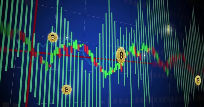 Animation of bitcoin signs, digital data processing over screen