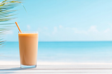 Obraz premium A refreshing glass of smoothie rests by the calm ocean, perfect for a sunny beach escape and relaxing vacation mood.