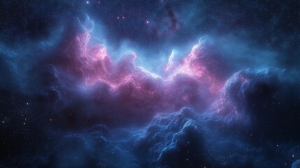 Obraz premium Abstract image of interstellar clouds in deep space, glowing nebula in shades of pink and blue, representing the vastness and beauty of the universe, surreal and dreamlike cosmic scene