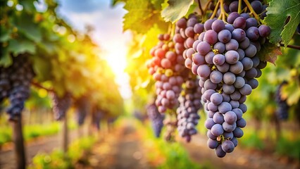 Fototapeta premium Ripe grapes hanging on asymmetrical vines in a vineyard harvest