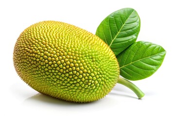 Ripe jackfruit with leaves isolated on white background, forced perspective