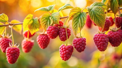 Ripe raspberries on branch in autumn garden