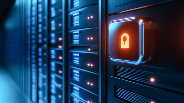 Close-up of a server with a glowing lock icon, symbolizing data security and protection in modern technology.