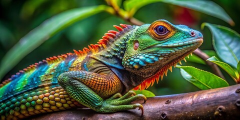 Obraz premium This luscious lizard lazes on a leafy limb, its vibrant scales a dazzling contrast to the verdant surroundings,