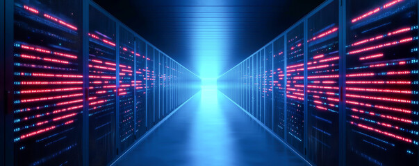 Fototapeta premium Futuristic data center corridor filled with illuminated servers, showcasing advanced technology and vibrant colored lights.