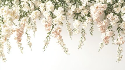Fototapeta premium A delicate arrangement of cascading flowers in soft white and pink hues against a light background.