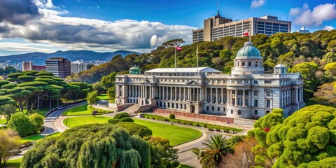 Obraz premium The majestic Wellington Parliament Buildings stand proudly on the waterfront, surrounded by lush greenery and majestic trees in the capital city of New Zealand.