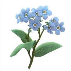 A digital illustration of a cluster of blue flowers with green leaves.